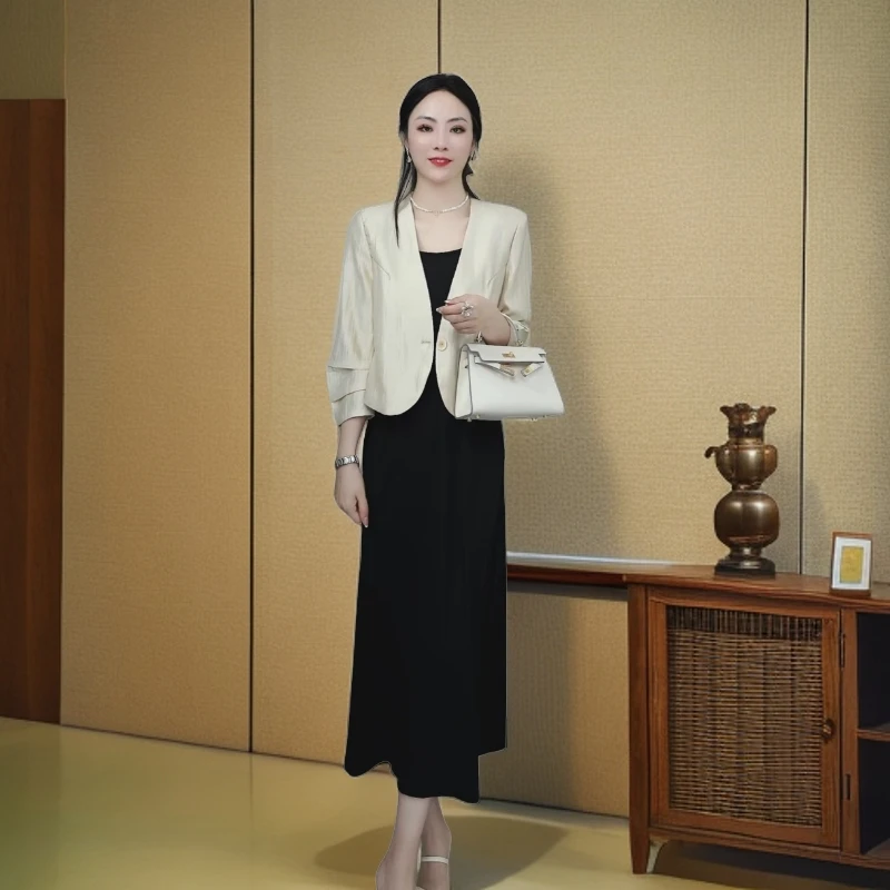 【套装两件套】轻奢西服外套+吊带连衣裙时尚气质显瘦修身百褶袖