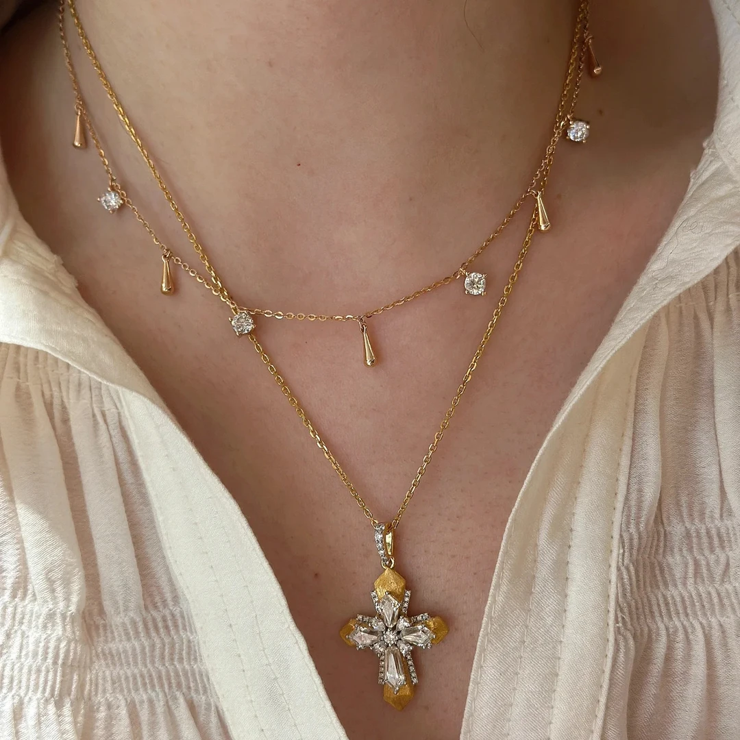 铜锆石吊坠 意大利拉丝工艺十字架双色金吊坠鲁伯特之泪叠戴项链
