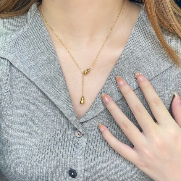 钛钢项链 双生葫芦福禄钛钢流苏项链经典款修饰脖颈锁骨链8413