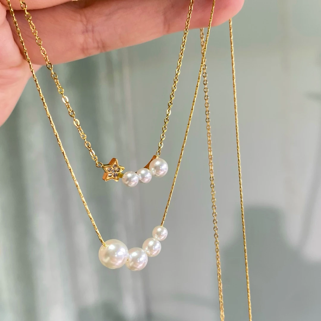 钛钢仿珍珠吊坠 温柔气质繁星法式珍珠项链气质百搭项链D28