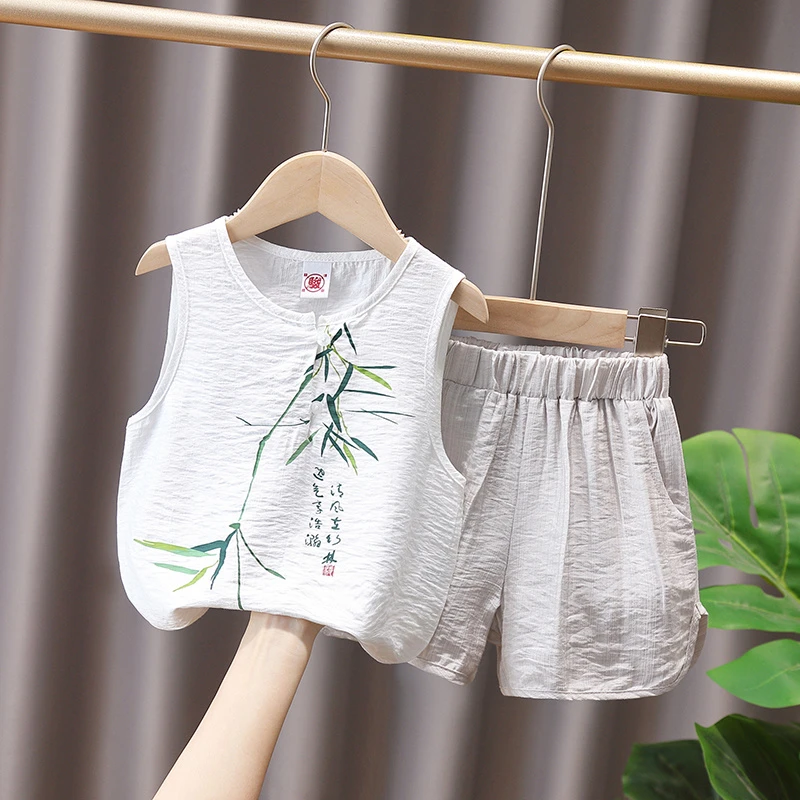 男童夏季背心棉麻两件套帅气时尚新款宝宝休闲衣服儿童无袖中国风