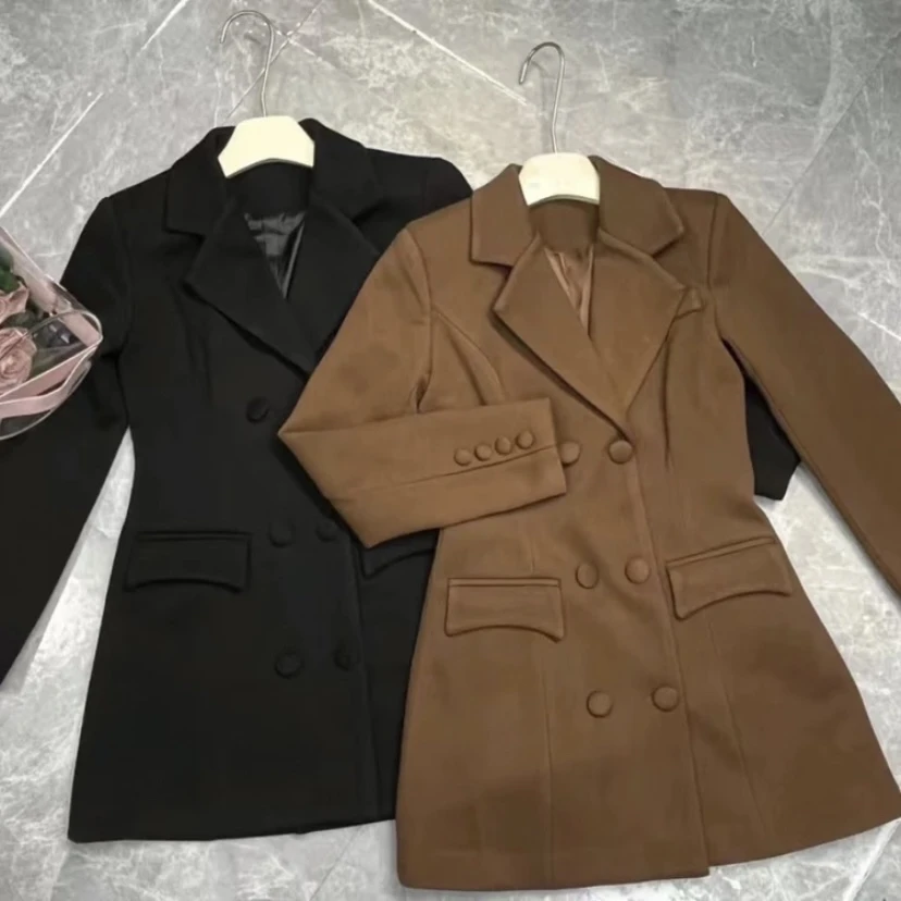 韩版复古双排扣小蛮腰中长款黑色西装裙秋季高级感收腰西装连衣裙