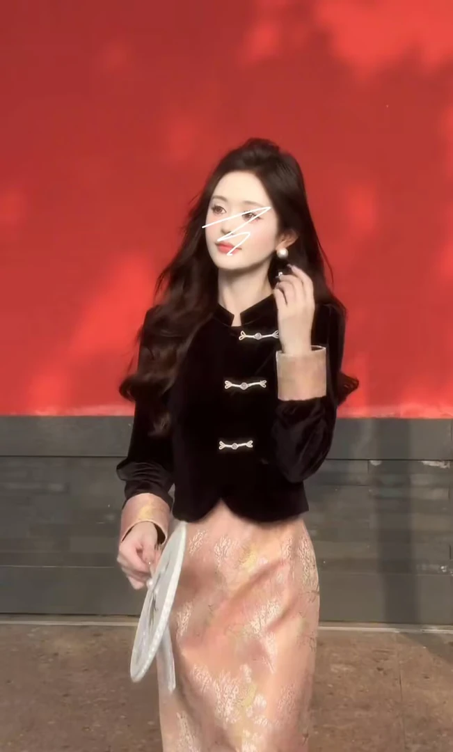 新中式斜门禁上衣+嫩粉色半身裙网红复古修身中国风长袖气质网红