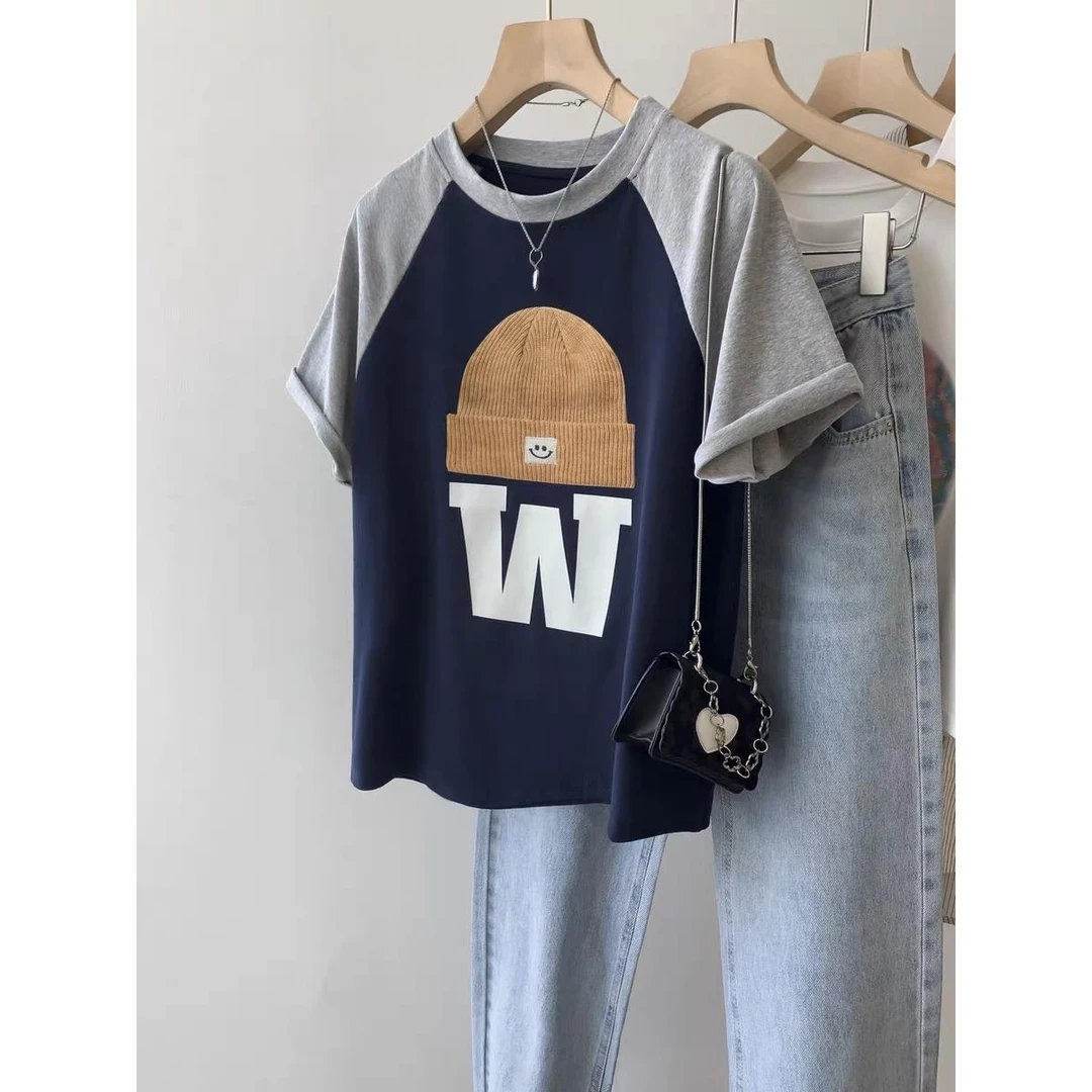 胖妹妹大码插肩短袖t恤女夏装设计感小众正肩半袖体恤显瘦上衣ins