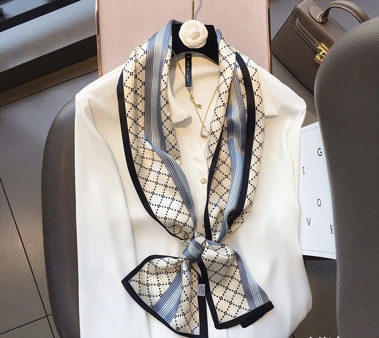 【蓝色格纹】简约百搭双层飘带丝巾