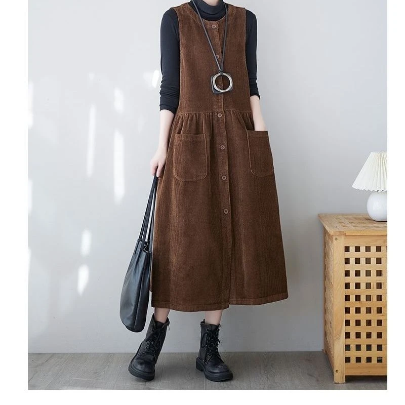 【爆款热卖中】春秋复古水洗灯芯绒背带裙女纯色气质单排扣减龄裙子