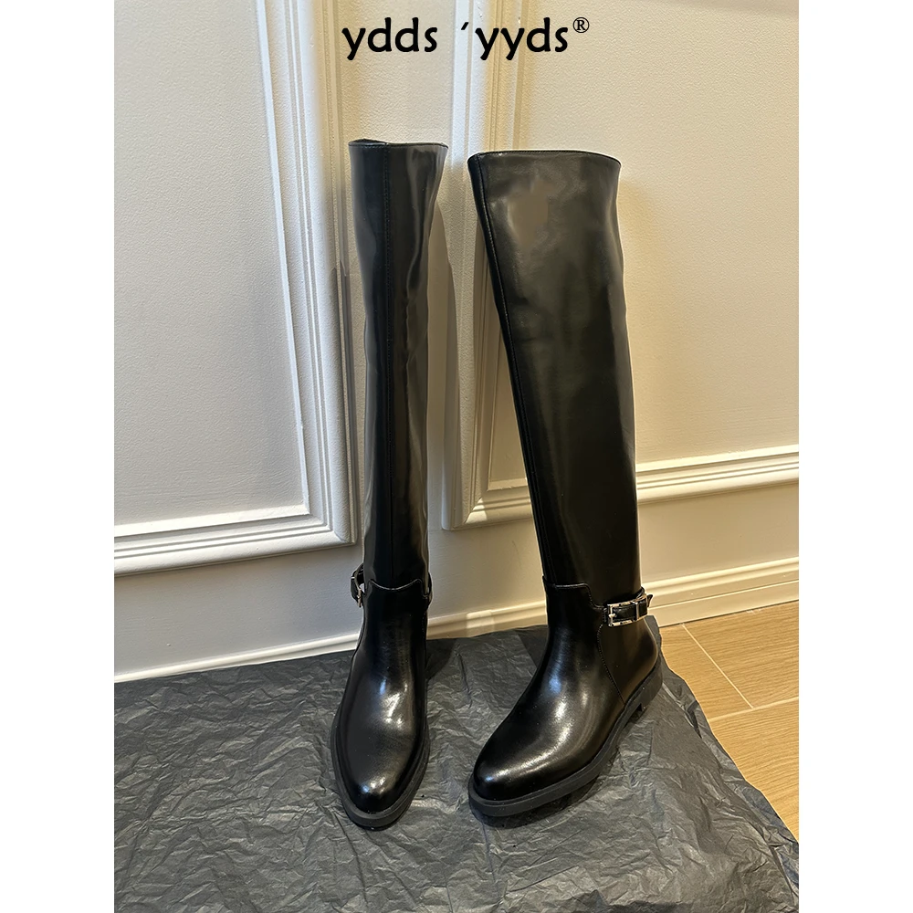 YDD/24秋冬新款小众设计百搭圆头平口金属扣低跟过膝骑士靴/265