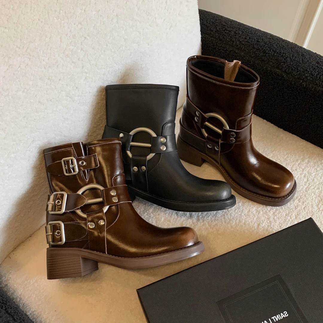 YDD/复古的叛逆，MIU少女/秋季复古擦色圆头时尚百搭短靴/5151