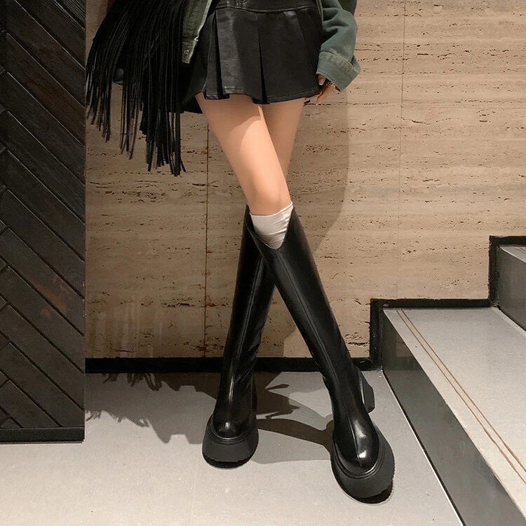 YDD/清仓特价/简约素版圆头厚底高筒长靴/7104