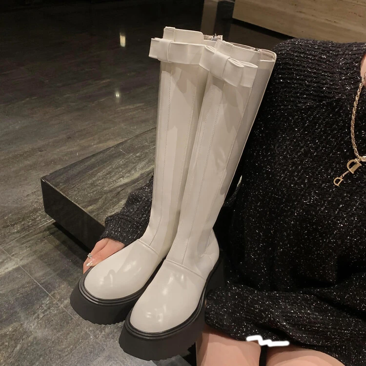 YDD/清仓特价/蝴蝶结甜妹小个子圆头厚底高筒长靴/9587