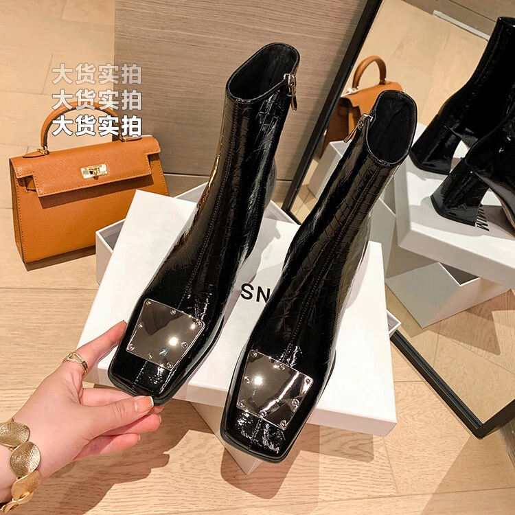 YDD/清仓特价/盾牌方头粗高跟短靴/8414