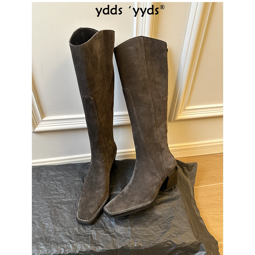 YDD/24秋冬新款时尚小众设计感简约百搭经典粗跟方头长筒靴/5234