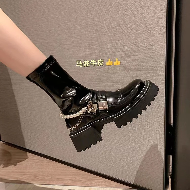 YDD/清仓特价/厚底皮带扣珍珠链条短靴/6213