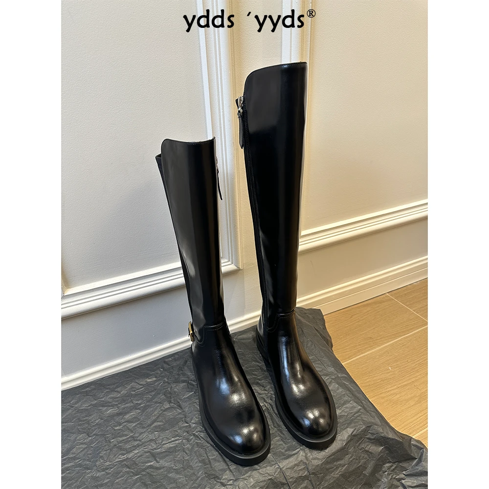 YDD/24秋冬新款时尚百搭经典高筒圆头斜口金属扣低跟骑士靴/5250