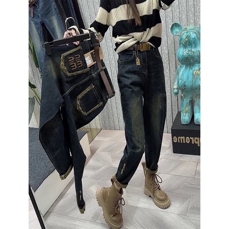 哈伦牛仔裤子女秋冬2023年新款大码胖mm宽松显瘦设计感复古老爹裤