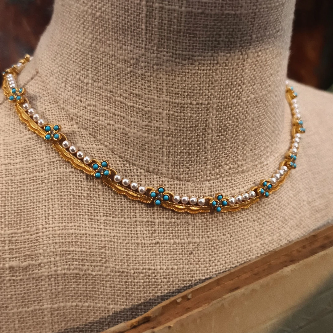 铜合金项链 豆荚珐琅项链手工气质蓝色时尚复古法式项链