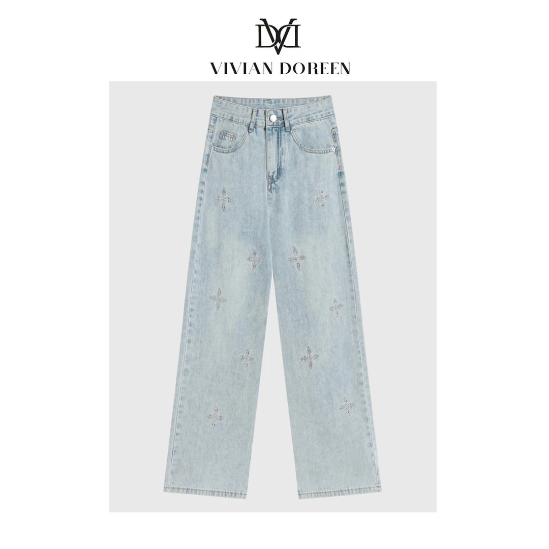 633新款浅色牛仔裤女高腰直筒裤重工烫钻垂感牛仔裤显瘦