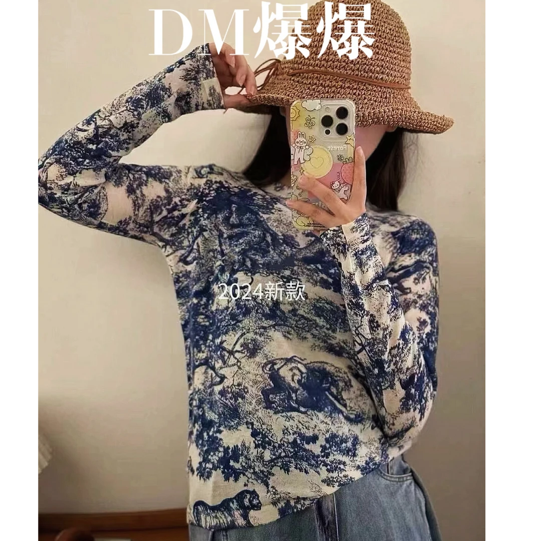 A607新款青花瓷减龄高级感长袖上衣印花百搭气质上衣时尚外穿休闲