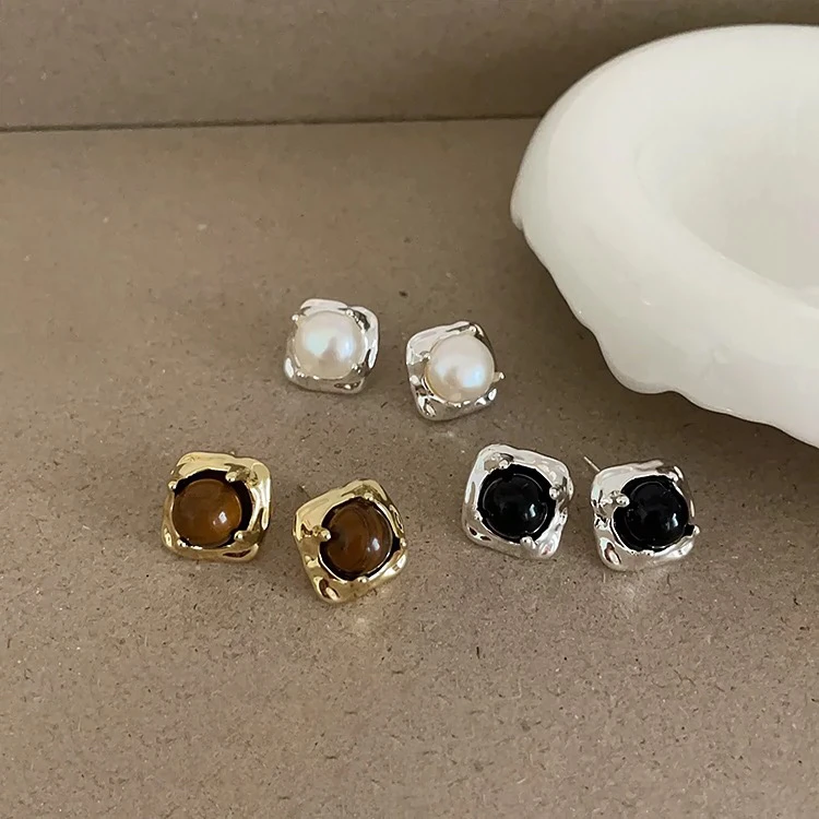 铜合金仿珍珠耳饰 925银针美拉德虎眼石小众高级感耳环耳饰气质