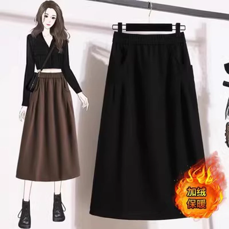 秋冬保暖加绒加厚半身裙女中长款时尚百搭洋气高腰遮肚显瘦A字裙