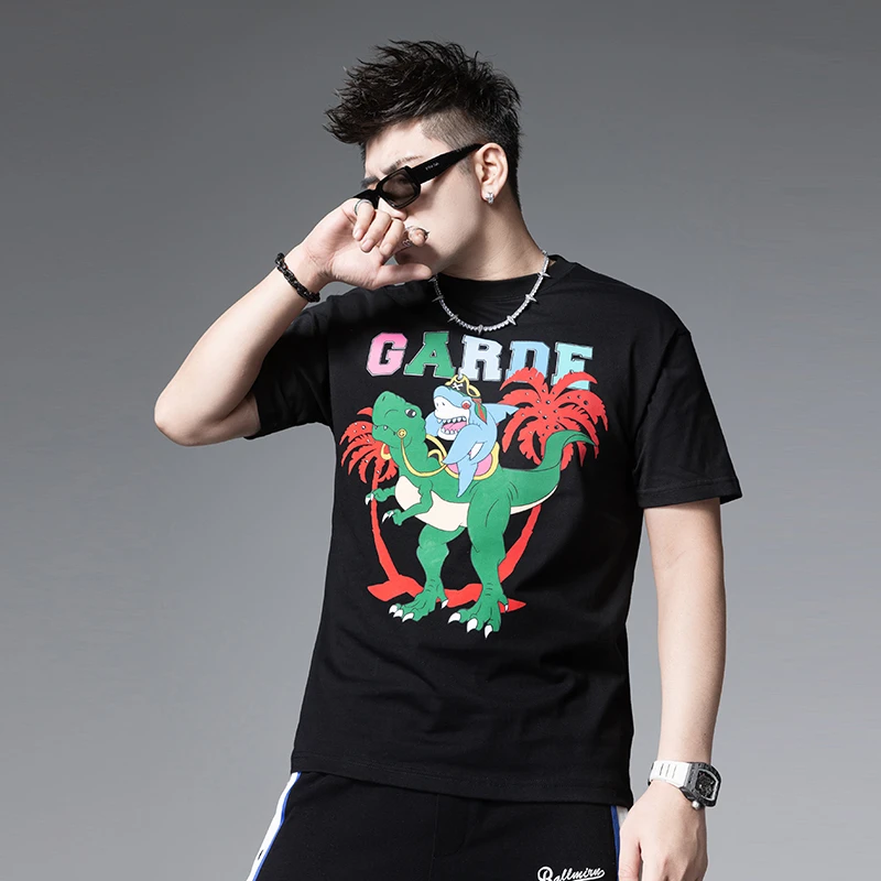 短袖t恤男装2025夏季圆领修身新款卡通印花重磅纯棉男士上衣潮流