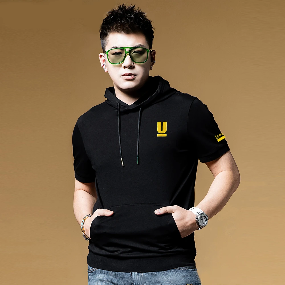 T恤美式休闲帽衫春秋夏季连帽时尚短袖休闲免烫男士上衣