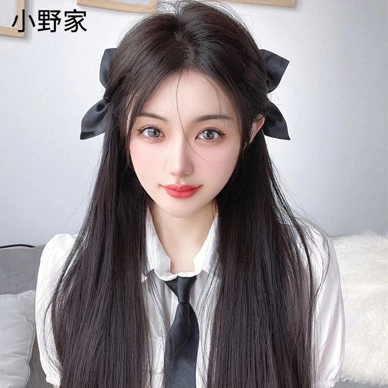 前额女夏长发全头套式轻薄中分长直发真人发丝自然假发套仿真真发