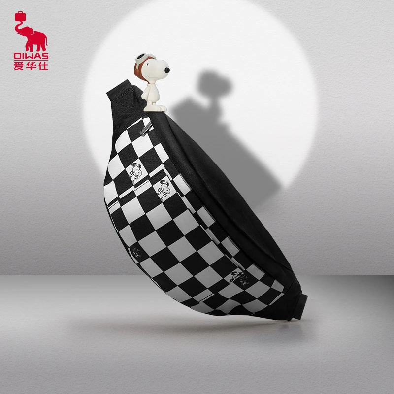 爱华仕史努比运动单肩胸前包男女黑白棋盘斜挎腰包潮小众休闲百搭