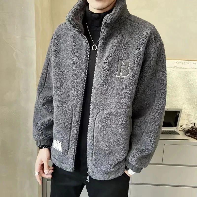 男士2024男秋冬季新款羊羔外套男士立领潮流加加厚男装冬装外套潮
