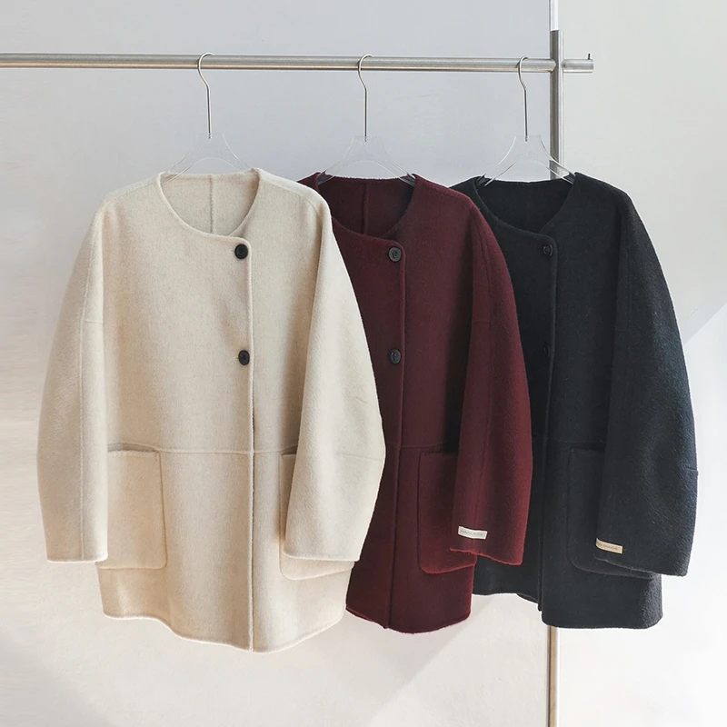 【朵儿studio】“老钱风”手工双面呢大衣圆领绵羊毛中长款外套 D760