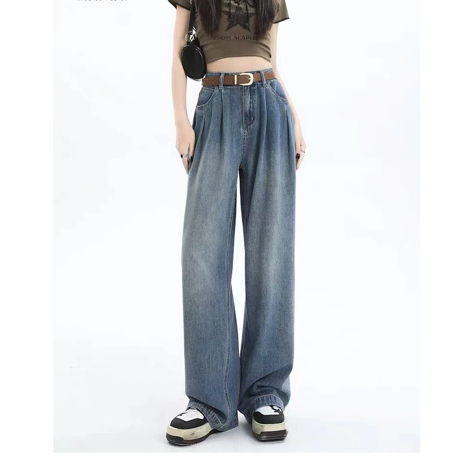 （送腰带）韩版复古褶皱设计阔腿裤秋季高腰宽松显瘦垂感直筒拖地裤