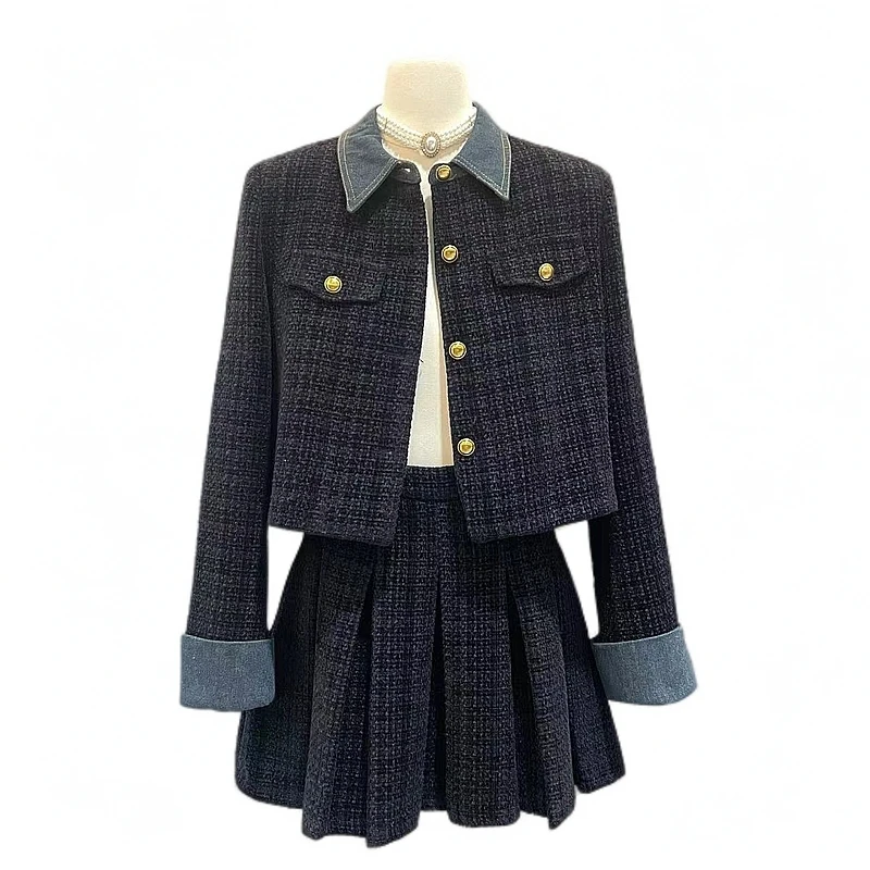 【bingbing专属】现877冬款小香风套翻领外套百褶裙粗花呢女两件套