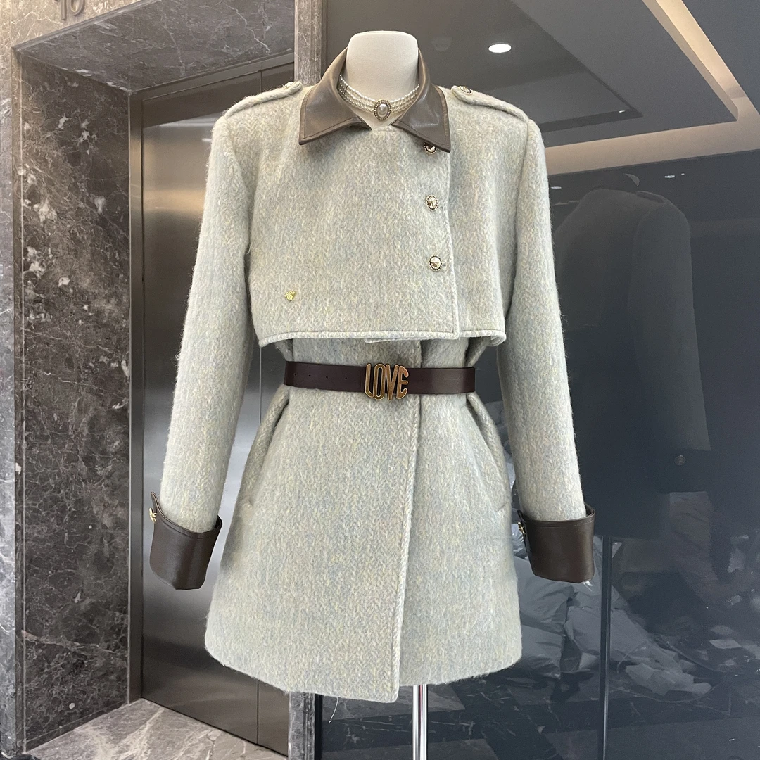 【656】冬季新款设计高端奢华拼接毛呢大衣气质加棉外套显瘦减龄