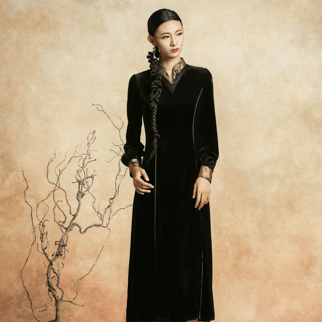 吉祥衣家新中式国风高级气质修身轻奢优雅云锦女装墨香锦年连衣裙