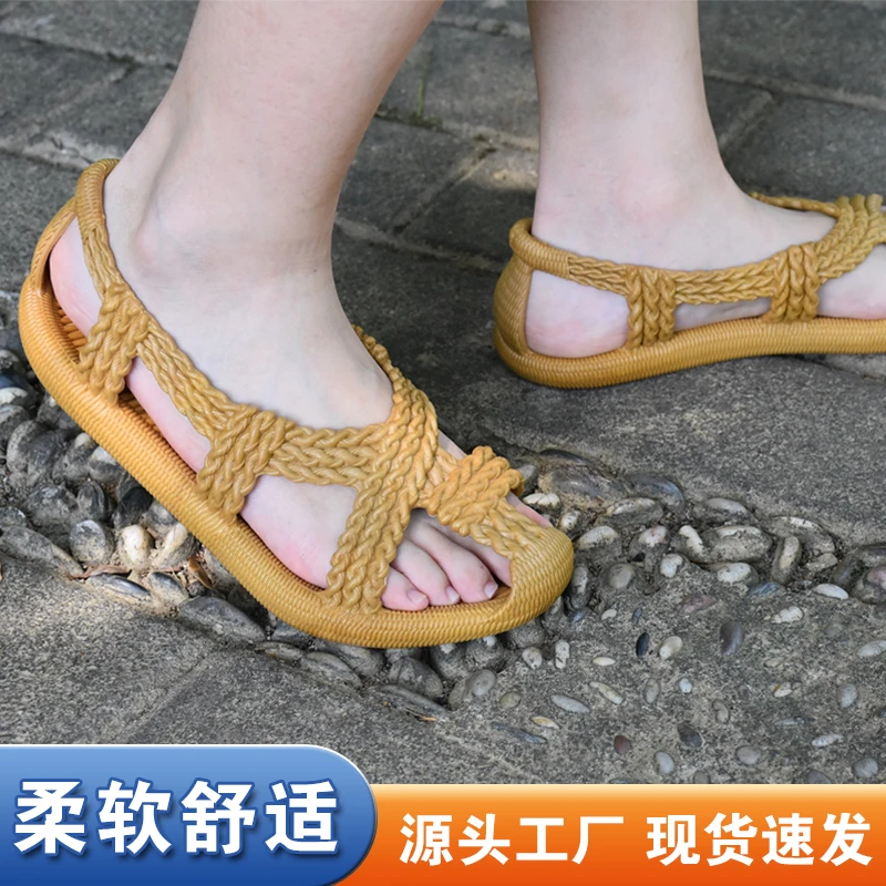 夏季复古藤编轻便情侣软底外穿镂空休闲开车洞洞鞋时尚透气沙滩鞋