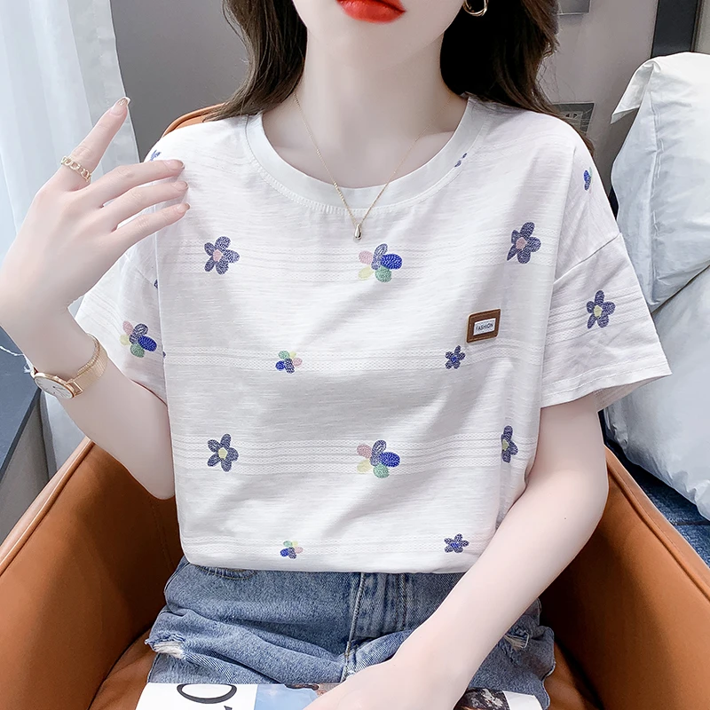 印花T恤女短袖圆领精梳棉夏季新款韩版宽松半袖上衣潮洋气百搭