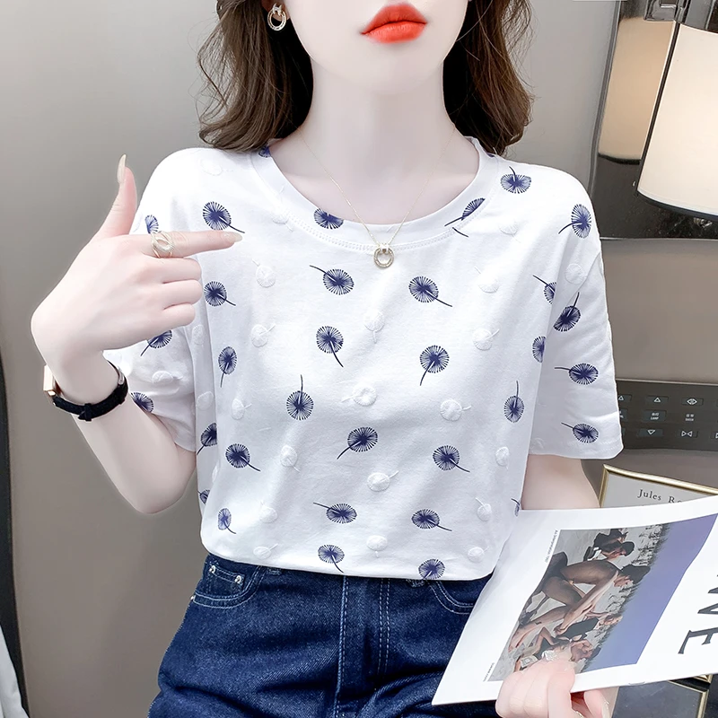 印花圆领短袖t恤女装夏季新款时尚休闲宽松百搭小众上衣体恤洋气