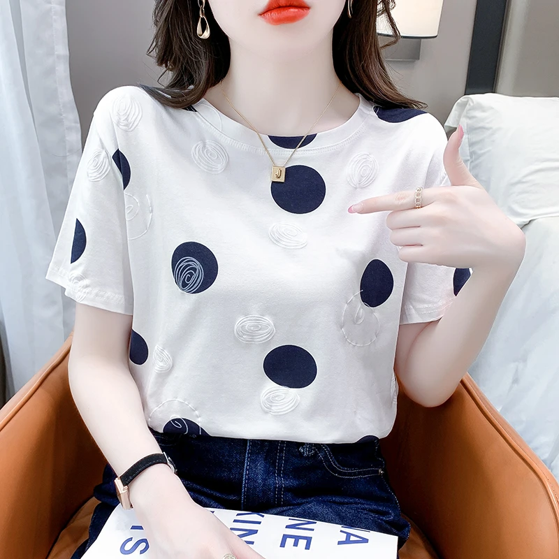 短袖t恤女宽松时尚女装2025新款显瘦正肩设计感夏季波点上衣气质