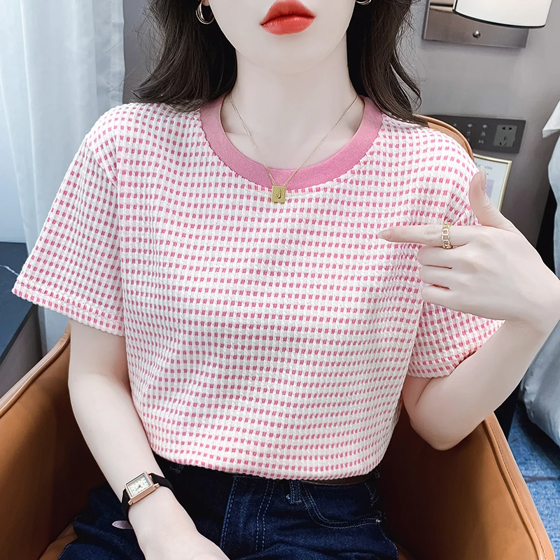 正肩条纹T恤女ins潮短袖新款夏格子圆领小众上衣服洋气爆款