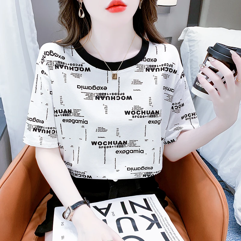 正肩字母短袖t恤女新款夏装欧货洋气体恤休闲百搭半袖上衣服