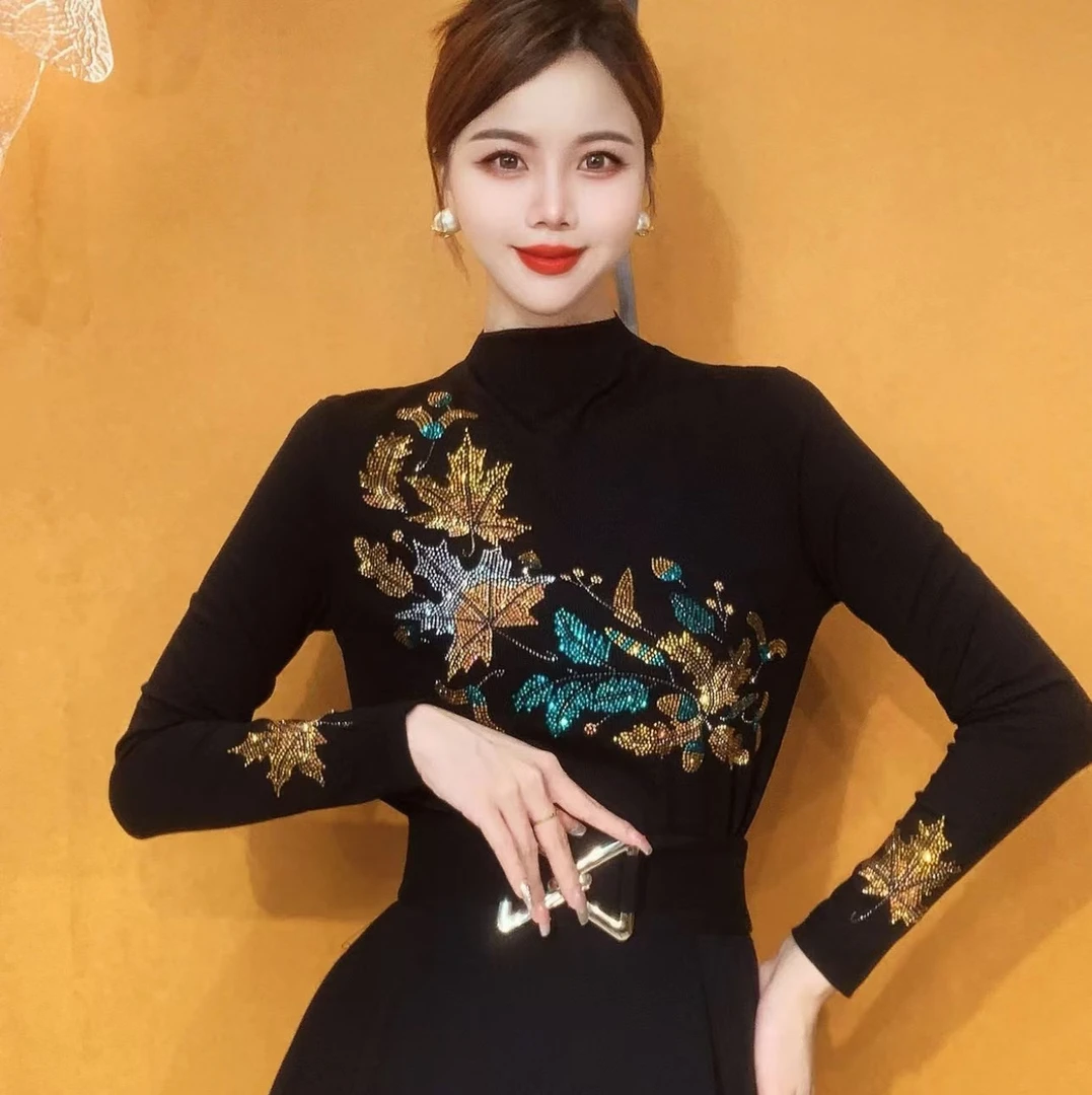 【七彩枫叶加绒】半高领打底衫女内搭秋冬新款时尚烫钻上衣修身显瘦