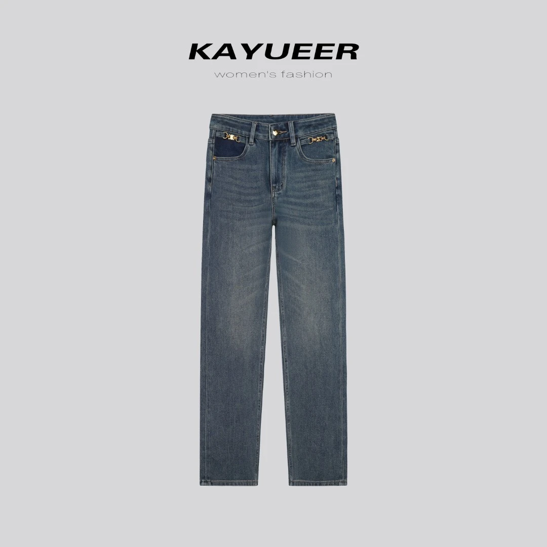 KYR177卡玥儿四面弹牛仔裤女秋冬季九分休闲裤百搭时尚直筒烟管裤