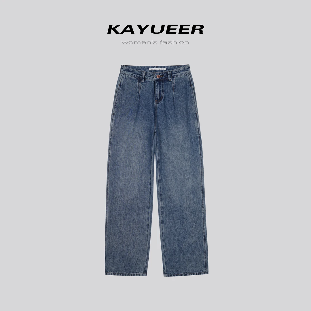 KYR8285W-卡玥儿 蓝色牛仔裤宽松女老爹裤春秋高弹显瘦复古裤