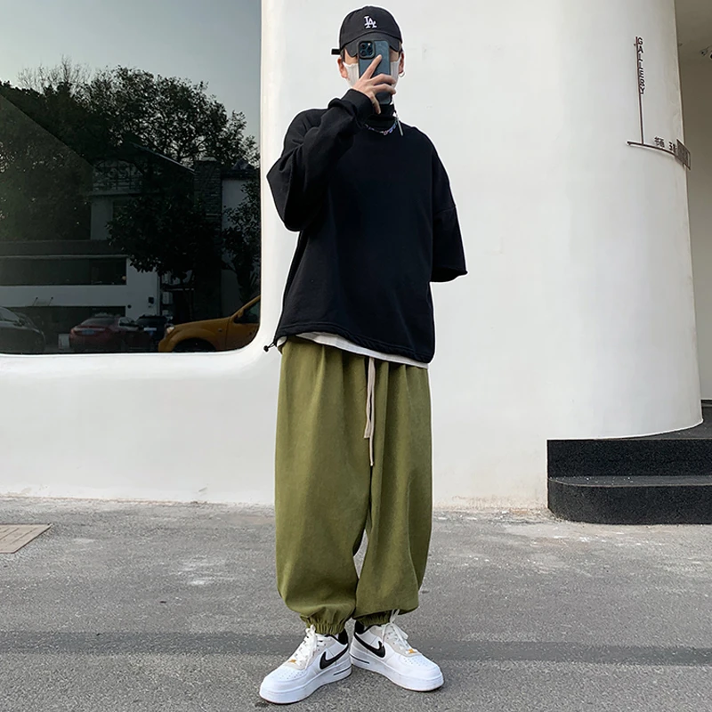 抹茶绿裤子高街潮日系复古运动风卫裤男束脚灯笼裤夏