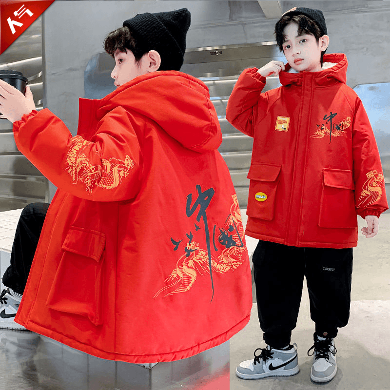 装红棉袄拜年服加绒加厚外套男童冬装连帽棉服新款儿童帅气龙年潮