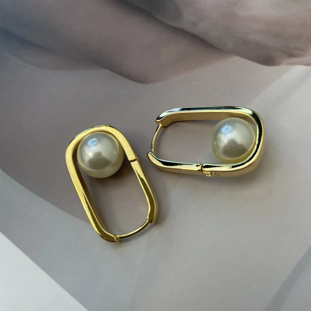 铜合金仿珍珠耳饰 几何重金属撞击珠珠百搭高级感气质耳环925银针
