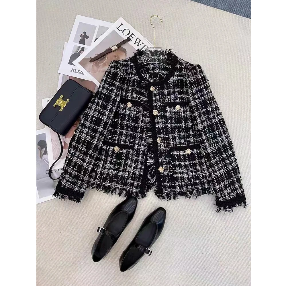 ZX9946格子小香风2024冬季小个子法式高级感粗花呢外套