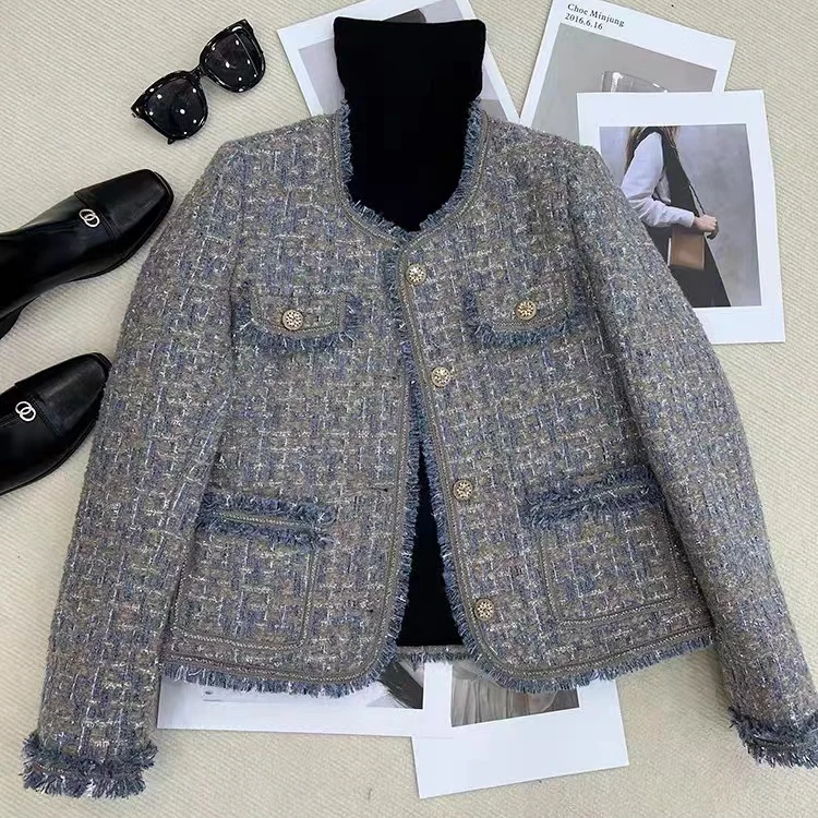 ZX9941小香风外套女气质冬季新款粗花呢流苏加厚短款女