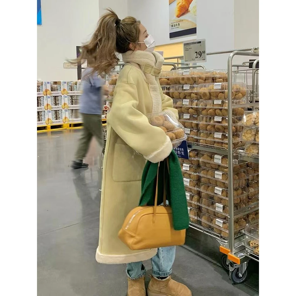 9962加厚长款毛绒机车服皮毛一体保暖外套学生韩版时尚大衣女