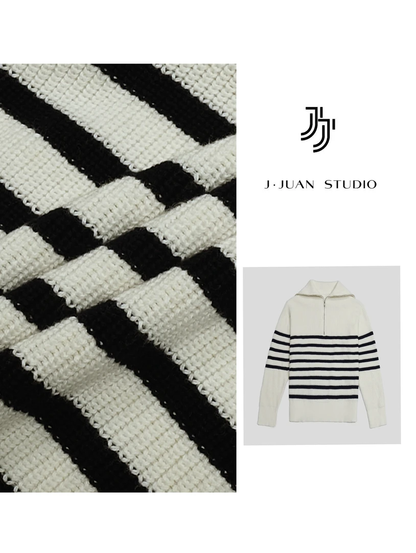 【J.Juan】条纹拉链高领毛衣高个子女装冬季重磅海军领羊绒针织毛衫